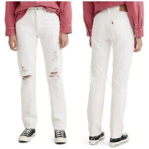 Levi's 501 Buttonfly High-Rise Women's White Distressed Raw Hem Jeans Size 29x32